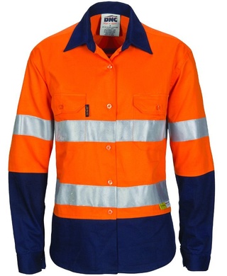 WORKWEAR, SAFETY & CORPORATE CLOTHING SPECIALISTS Ladies HiVis Two Tone Cool-Breeze Cott on Sh irt with 3M R/Tape - Long sleeve