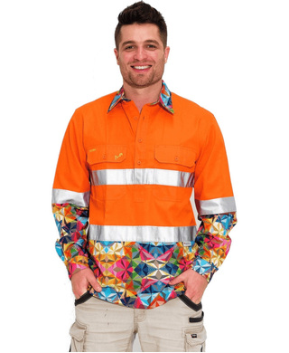 WORKWEAR, SAFETY & CORPORATE CLOTHING SPECIALISTS - MENS FRACTAL HI VIS DAY/ NIGHT ORANGE 1/2 PLACKET WORKSHIRT