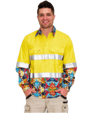 WORKWEAR, SAFETY & CORPORATE CLOTHING SPECIALISTS - MENS FRACTAL HI VIS DAY/ NIGHT YELLOW 1/2 PLACKET WORKSHIRT