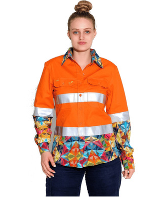 WORKWEAR, SAFETY & CORPORATE CLOTHING SPECIALISTS - WOMENS FRACTAL ORANGE HI VIS DAY/ NIGHT FULL PLACKET WORKSHIRT