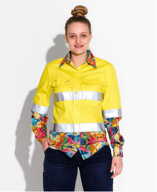 WORKWEAR, SAFETY & CORPORATE CLOTHING SPECIALISTS - WOMENS FRACTAL YELLOW HI VIS DAY/ NIGHT FULL PLACKET WORKSHIRT