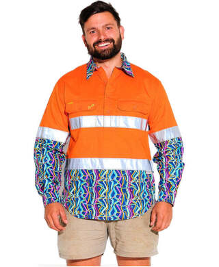 WORKWEAR, SAFETY & CORPORATE CLOTHING SPECIALISTS - MENS SPACE WEAVE HI VIS DAY/ NIGHT ORANGE 1/2 PLACKET WORKSHIRT