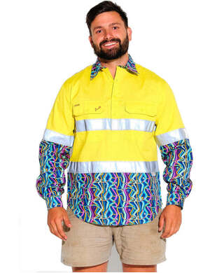 WORKWEAR, SAFETY & CORPORATE CLOTHING SPECIALISTS - MENS SPACE WEAVE HI VIS DAY/ NIGHT YELLOW 1/2 PLACKET WORKSHIRT