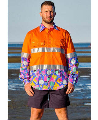 WORKWEAR, SAFETY & CORPORATE CLOTHING SPECIALISTS - MENS COSMIC CONFETTI HI VIS DAY/ NIGHT ORANGE 1/2 PLACKET WORKSHIRT