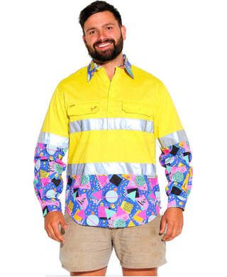 WORKWEAR, SAFETY & CORPORATE CLOTHING SPECIALISTS - MENS COSMIC CONFETTI HI VIS DAY/ NIGHT YELLOW 1/2 PLACKET WORKSHIRT