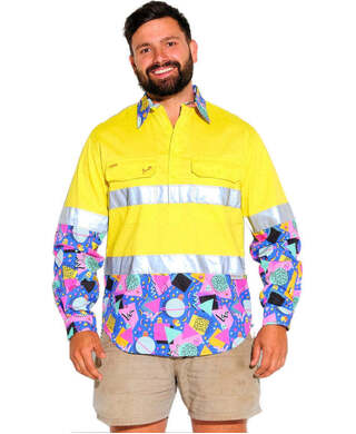 WORKWEAR, SAFETY & CORPORATE CLOTHING SPECIALISTS MENS COSMIC CONFETTI HI VIS DAY/ NIGHT YELLOW 1/2 PLACKET WORKSHIRT
