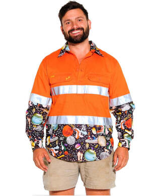 WORKWEAR, SAFETY & CORPORATE CLOTHING SPECIALISTS - MENS MOON MUTTS HI VIS DAY/ NIGHT ORANGE 1/2 PLACKET WORKSHIRT